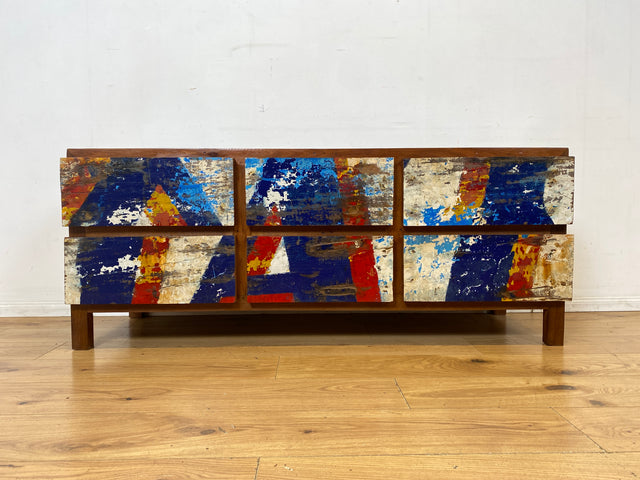 Einzigartiges Lowboard handgefertigt aus altem Bootsholz in Originalfarben mit Schubladen I Teakholz massiv I Sideboard Kommode TV Bank Schrank Anrichte Industrial Design I