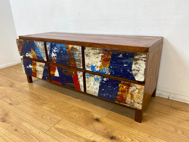 Einzigartiges Lowboard handgefertigt aus altem Bootsholz in Originalfarben mit Schubladen I Teakholz massiv I Sideboard Kommode TV Bank Schrank Anrichte Industrial Design I