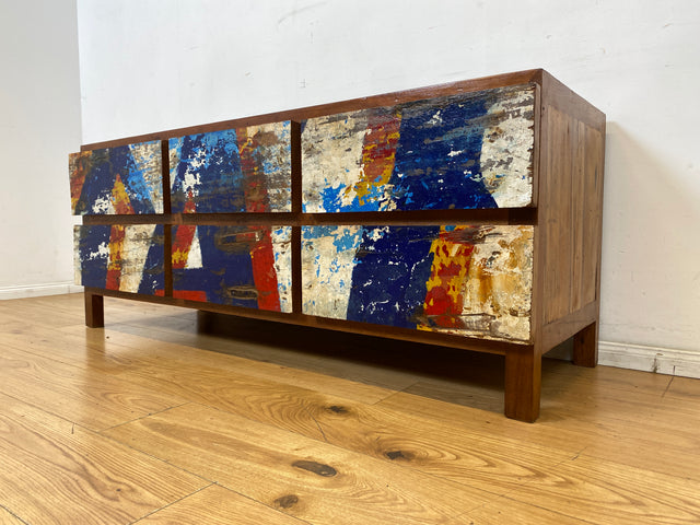 Einzigartiges Lowboard handgefertigt aus altem Bootsholz in Originalfarben mit Schubladen I Teakholz massiv I Sideboard Kommode TV Bank Schrank Anrichte Industrial Design I