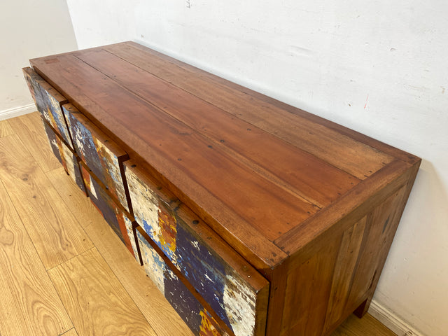Einzigartiges Lowboard handgefertigt aus altem Bootsholz in Originalfarben mit Schubladen I Teakholz massiv I Sideboard Kommode TV Bank Schrank Anrichte Industrial Design I