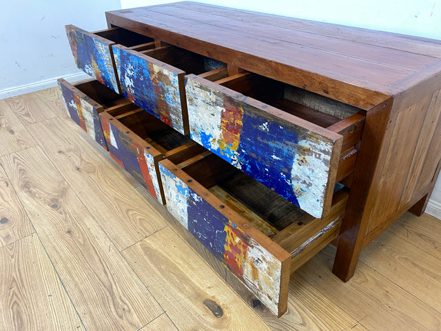 Einzigartiges Lowboard handgefertigt aus altem Bootsholz in Originalfarben mit Schubladen I Teakholz massiv I Sideboard Kommode TV Bank Schrank Anrichte Industrial Design I