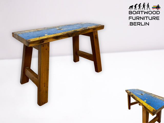 Schöne und nachhaltige 75cm lange Sitzbank aus altem Bootsholz in Originalfarben I Teakholz massiv I In & Outdoor I Bank Holzbank Bench Hocker Küchenbank Gartenbank I
