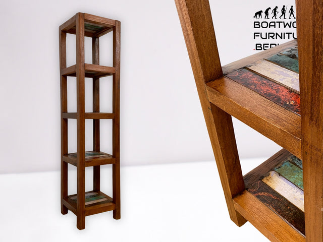 Farbenfrohes, nachhaltiges und sehr robustes schmales Regal aus altem Bootsholz in Originalfarben I Teakholz Massiv I Holzregal Bücherregal Badregal Küchenregal I