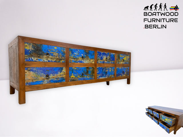 Einzigartiges Lowboard handgefertigt aus altem Bootsholz in blauer Originalfarbe mit Schubladen I Sideboard Kommode Schubladenkommode TV Bank Schrank Anrichte I