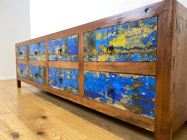 Einzigartiges Lowboard handgefertigt aus altem Bootsholz in blauer Originalfarbe mit Schubladen I Sideboard Kommode Schubladenkommode TV Bank Schrank Anrichte I