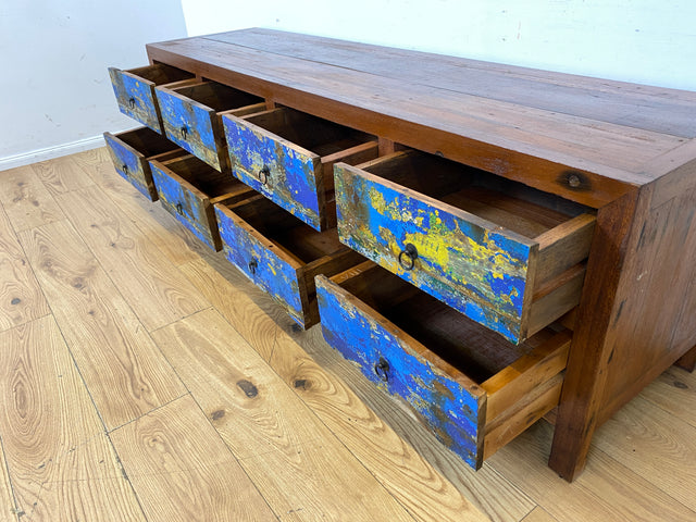 Einzigartiges Lowboard handgefertigt aus altem Bootsholz in blauer Originalfarbe mit Schubladen I Sideboard Kommode Schubladenkommode TV Bank Schrank Anrichte I