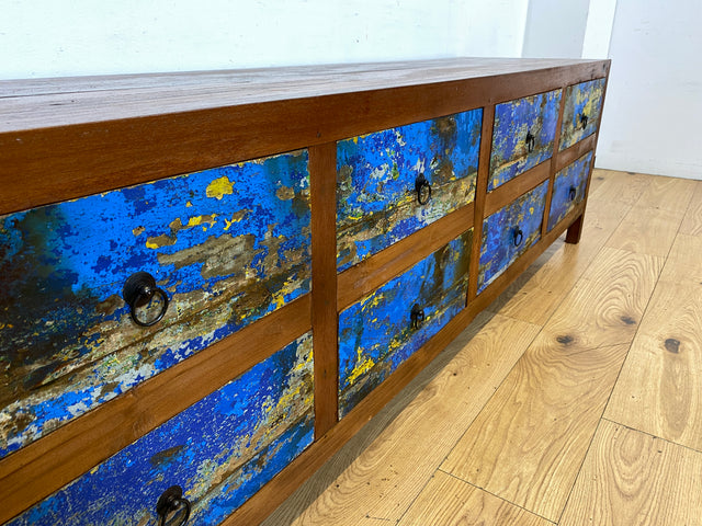 Einzigartiges Lowboard handgefertigt aus altem Bootsholz in blauer Originalfarbe mit Schubladen I Sideboard Kommode Schubladenkommode TV Bank Schrank Anrichte I