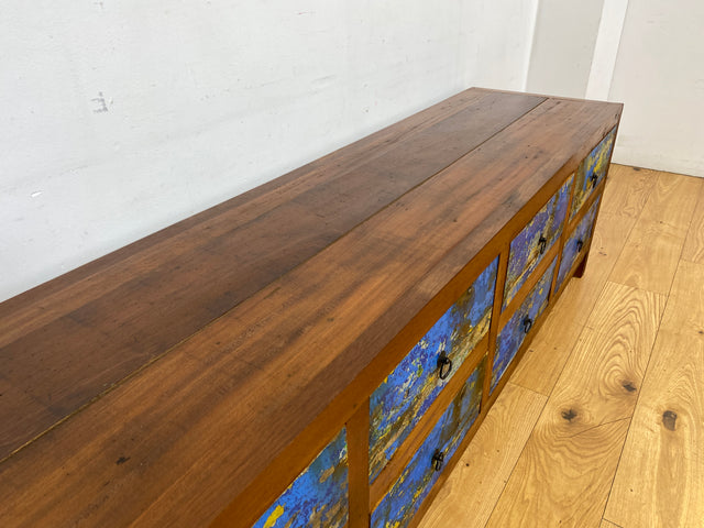 Einzigartiges Lowboard handgefertigt aus altem Bootsholz in blauer Originalfarbe mit Schubladen I Sideboard Kommode Schubladenkommode TV Bank Schrank Anrichte I