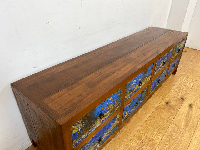 Einzigartiges Lowboard handgefertigt aus altem Bootsholz in blauer Originalfarbe mit Schubladen I Sideboard Kommode Schubladenkommode TV Bank Schrank Anrichte I