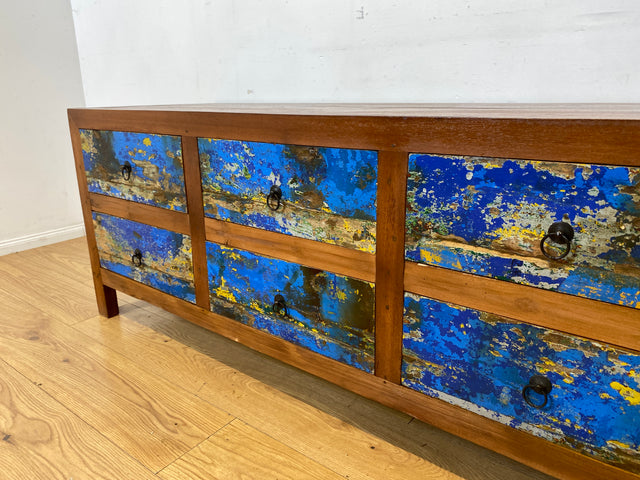 Einzigartiges Lowboard handgefertigt aus altem Bootsholz in blauer Originalfarbe mit Schubladen I Sideboard Kommode Schubladenkommode TV Bank Schrank Anrichte I