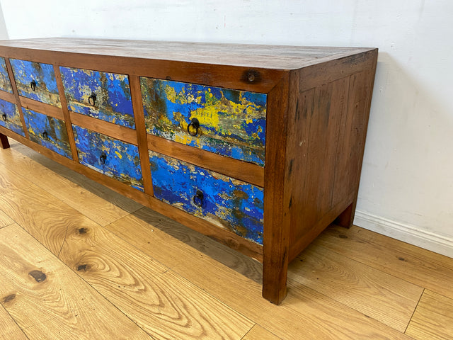 Einzigartiges Lowboard handgefertigt aus altem Bootsholz in blauer Originalfarbe mit Schubladen I Sideboard Kommode Schubladenkommode TV Bank Schrank Anrichte I