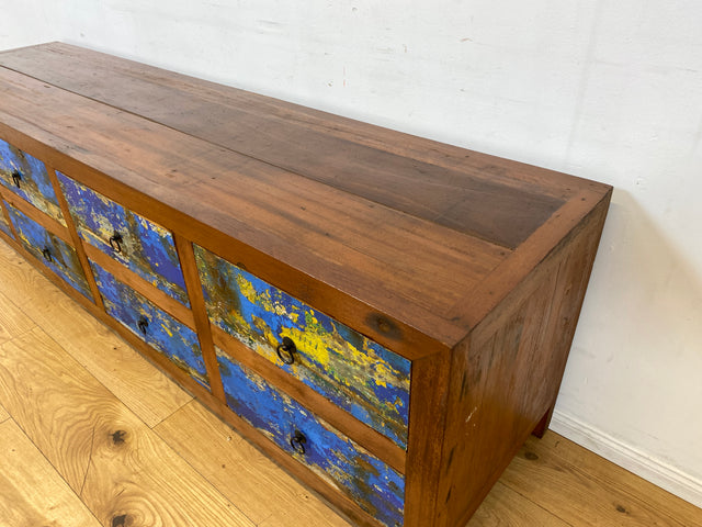 Einzigartiges Lowboard handgefertigt aus altem Bootsholz in blauer Originalfarbe mit Schubladen I Sideboard Kommode Schubladenkommode TV Bank Schrank Anrichte I