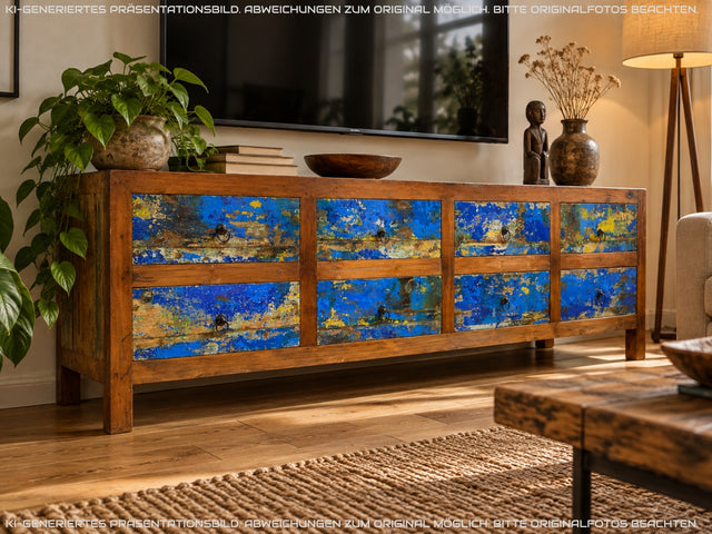 Einzigartiges Lowboard handgefertigt aus altem Bootsholz in blauer Originalfarbe mit Schubladen I Sideboard Kommode Schubladenkommode TV Bank Schrank Anrichte I