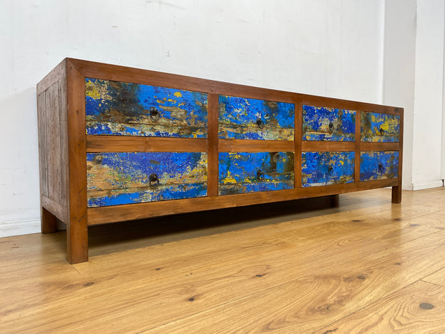 Einzigartiges Lowboard handgefertigt aus altem Bootsholz in blauer Originalfarbe mit Schubladen I Sideboard Kommode Schubladenkommode TV Bank Schrank Anrichte I
