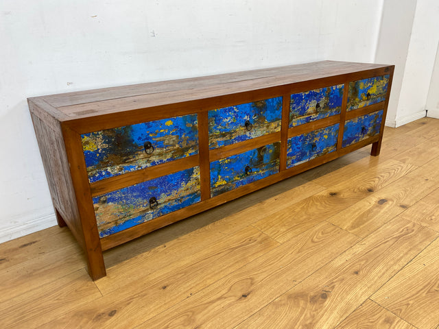 Einzigartiges Lowboard handgefertigt aus altem Bootsholz in blauer Originalfarbe mit Schubladen I Sideboard Kommode Schubladenkommode TV Bank Schrank Anrichte I