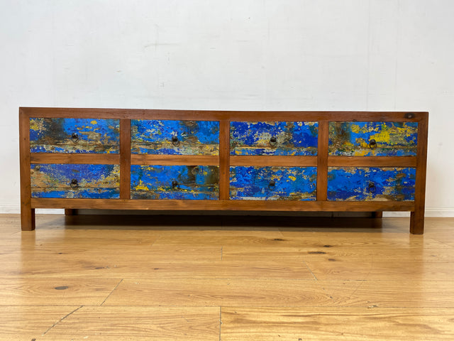 Einzigartiges Lowboard handgefertigt aus altem Bootsholz in blauer Originalfarbe mit Schubladen I Sideboard Kommode Schubladenkommode TV Bank Schrank Anrichte I