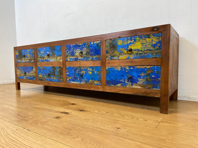 Einzigartiges Lowboard handgefertigt aus altem Bootsholz in blauer Originalfarbe mit Schubladen I Sideboard Kommode Schubladenkommode TV Bank Schrank Anrichte I
