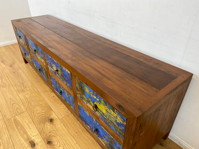 Einzigartiges Lowboard handgefertigt aus altem Bootsholz in blauer Originalfarbe mit Schubladen I Sideboard Kommode Schubladenkommode TV Bank Schrank Anrichte I
