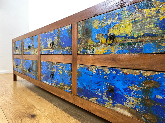 Einzigartiges Lowboard handgefertigt aus altem Bootsholz in blauer Originalfarbe mit Schubladen I Sideboard Kommode Schubladenkommode TV Bank Schrank Anrichte I