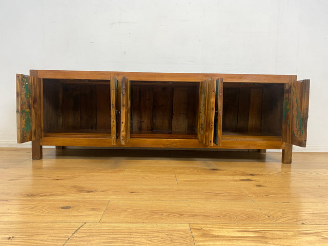 Meeresblaues 180cm langes Lowboard handgefertigt aus altem Bootsholz in Originalfarbe I Teakholz I Sideboard Kommode Wäschekommode TV Rack Bank Schrank Anrichte I