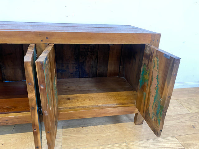 Meeresblaues 180cm langes Lowboard handgefertigt aus altem Bootsholz in Originalfarbe I Teakholz I Sideboard Kommode Wäschekommode TV Rack Bank Schrank Anrichte I