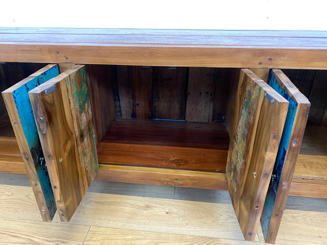 Meeresblaues 180cm langes Lowboard handgefertigt aus altem Bootsholz in Originalfarbe I Teakholz I Sideboard Kommode Wäschekommode TV Rack Bank Schrank Anrichte I