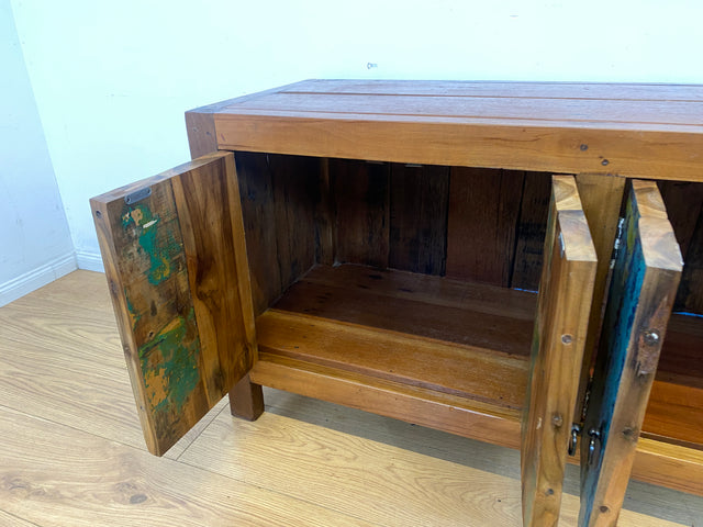 Meeresblaues 180cm langes Lowboard handgefertigt aus altem Bootsholz in Originalfarbe I Teakholz I Sideboard Kommode Wäschekommode TV Rack Bank Schrank Anrichte I
