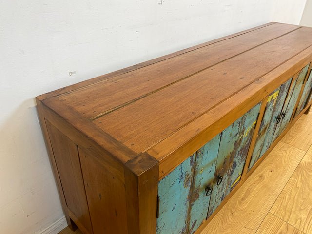 Meeresblaues 180cm langes Lowboard handgefertigt aus altem Bootsholz in Originalfarbe I Teakholz I Sideboard Kommode Wäschekommode TV Rack Bank Schrank Anrichte I