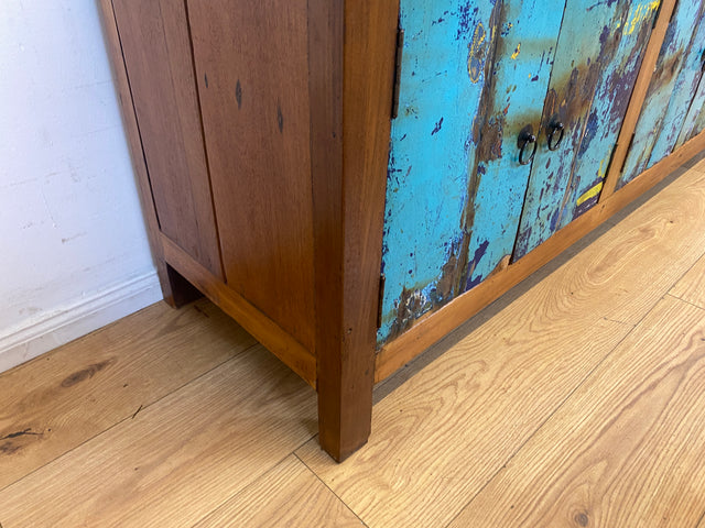 Meeresblaues 180cm langes Lowboard handgefertigt aus altem Bootsholz in Originalfarbe I Teakholz I Sideboard Kommode Wäschekommode TV Rack Bank Schrank Anrichte I