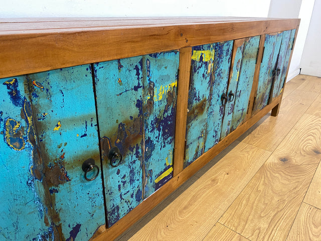Meeresblaues 180cm langes Lowboard handgefertigt aus altem Bootsholz in Originalfarbe I Teakholz I Sideboard Kommode Wäschekommode TV Rack Bank Schrank Anrichte I
