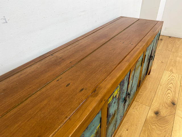 Meeresblaues 180cm langes Lowboard handgefertigt aus altem Bootsholz in Originalfarbe I Teakholz I Sideboard Kommode Wäschekommode TV Rack Bank Schrank Anrichte I