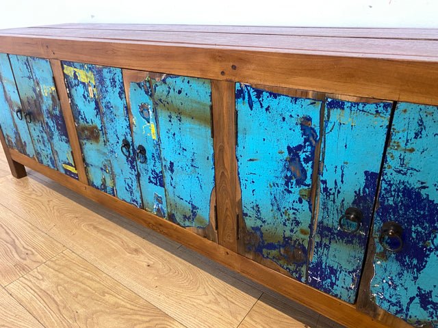 Meeresblaues 180cm langes Lowboard handgefertigt aus altem Bootsholz in Originalfarbe I Teakholz I Sideboard Kommode Wäschekommode TV Rack Bank Schrank Anrichte I