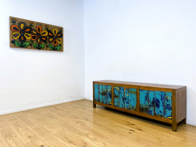 Meeresblaues 180cm langes Lowboard handgefertigt aus altem Bootsholz in Originalfarbe I Teakholz I Sideboard Kommode Wäschekommode TV Rack Bank Schrank Anrichte I