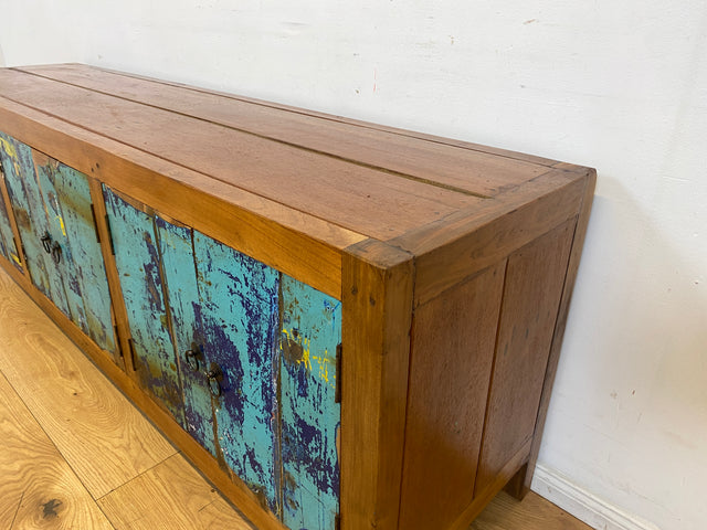 Meeresblaues 180cm langes Lowboard handgefertigt aus altem Bootsholz in Originalfarbe I Teakholz I Sideboard Kommode Wäschekommode TV Rack Bank Schrank Anrichte I