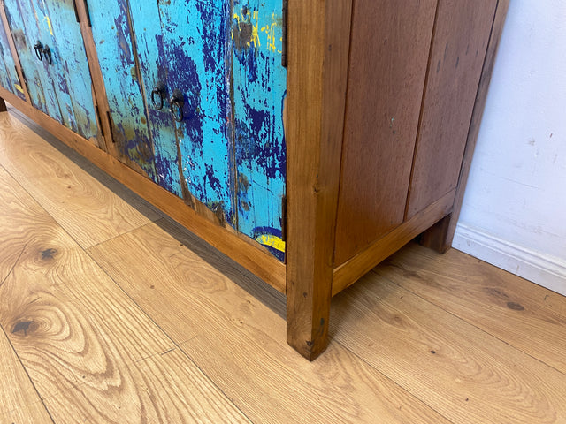 Meeresblaues 180cm langes Lowboard handgefertigt aus altem Bootsholz in Originalfarbe I Teakholz I Sideboard Kommode Wäschekommode TV Rack Bank Schrank Anrichte I