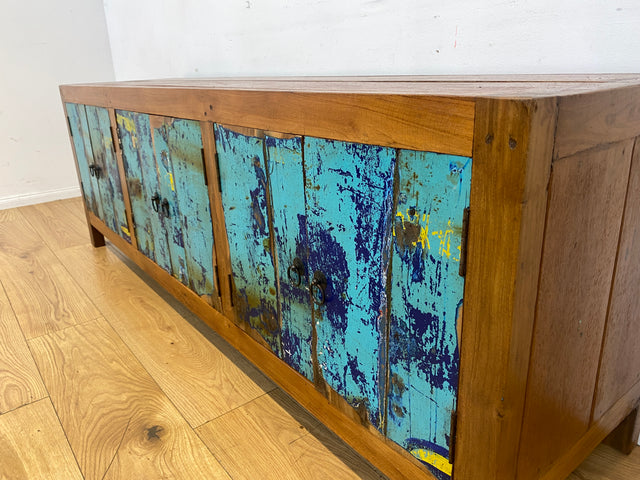 Meeresblaues 180cm langes Lowboard handgefertigt aus altem Bootsholz in Originalfarbe I Teakholz I Sideboard Kommode Wäschekommode TV Rack Bank Schrank Anrichte I