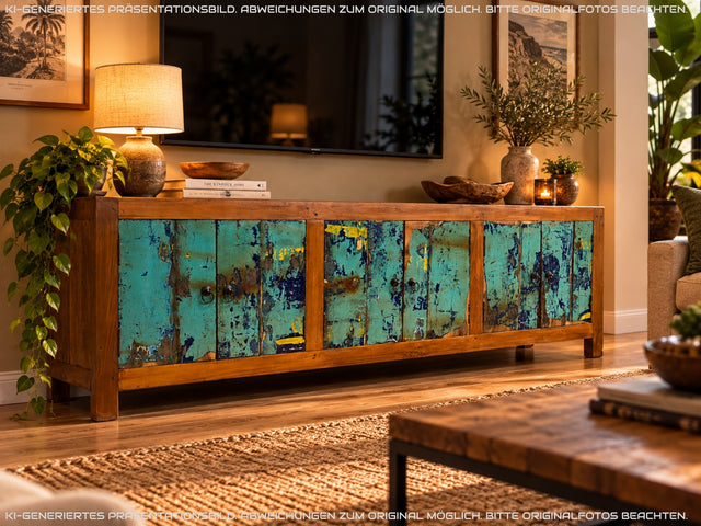 Meeresblaues 180cm langes Lowboard handgefertigt aus altem Bootsholz in Originalfarbe I Teakholz I Sideboard Kommode Wäschekommode TV Rack Bank Schrank Anrichte I