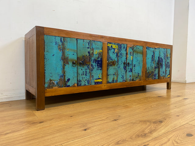 Meeresblaues 180cm langes Lowboard handgefertigt aus altem Bootsholz in Originalfarbe I Teakholz I Sideboard Kommode Wäschekommode TV Rack Bank Schrank Anrichte I