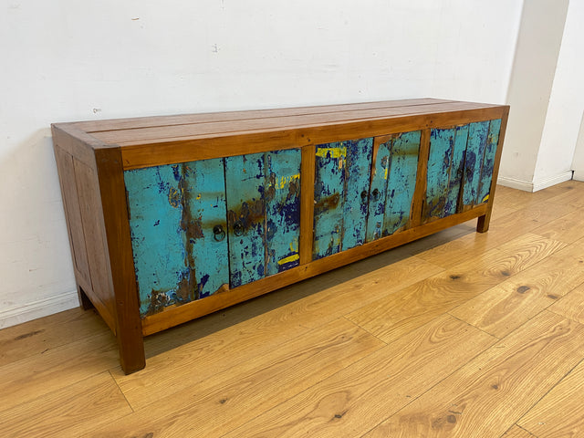 Meeresblaues 180cm langes Lowboard handgefertigt aus altem Bootsholz in Originalfarbe I Teakholz I Sideboard Kommode Wäschekommode TV Rack Bank Schrank Anrichte I