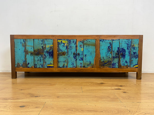 Meeresblaues 180cm langes Lowboard handgefertigt aus altem Bootsholz in Originalfarbe I Teakholz I Sideboard Kommode Wäschekommode TV Rack Bank Schrank Anrichte I