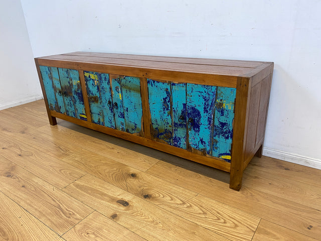Meeresblaues 180cm langes Lowboard handgefertigt aus altem Bootsholz in Originalfarbe I Teakholz I Sideboard Kommode Wäschekommode TV Rack Bank Schrank Anrichte I