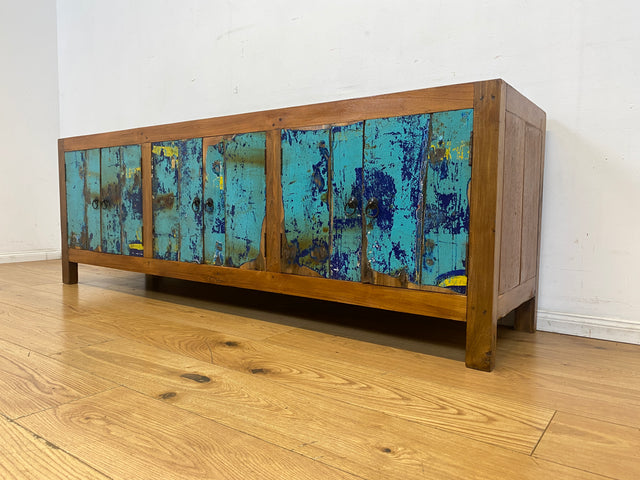 Meeresblaues 180cm langes Lowboard handgefertigt aus altem Bootsholz in Originalfarbe I Teakholz I Sideboard Kommode Wäschekommode TV Rack Bank Schrank Anrichte I