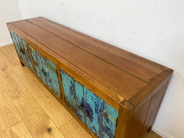 Meeresblaues 180cm langes Lowboard handgefertigt aus altem Bootsholz in Originalfarbe I Teakholz I Sideboard Kommode Wäschekommode TV Rack Bank Schrank Anrichte I