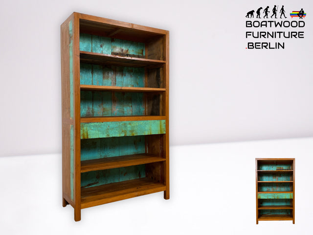 Wunderschöner Bücherschrank handgefertigt aus altem Bootsholz in grüner Originalfarbe mit Schubladen I Teakholz Massiv I Regal Bücherregal Holzregal Küchenregal I