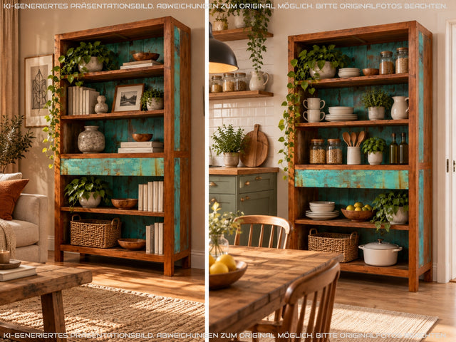 Wunderschöner Bücherschrank handgefertigt aus altem Bootsholz in grüner Originalfarbe mit Schubladen I Teakholz Massiv I Regal Bücherregal Holzregal Küchenregal I