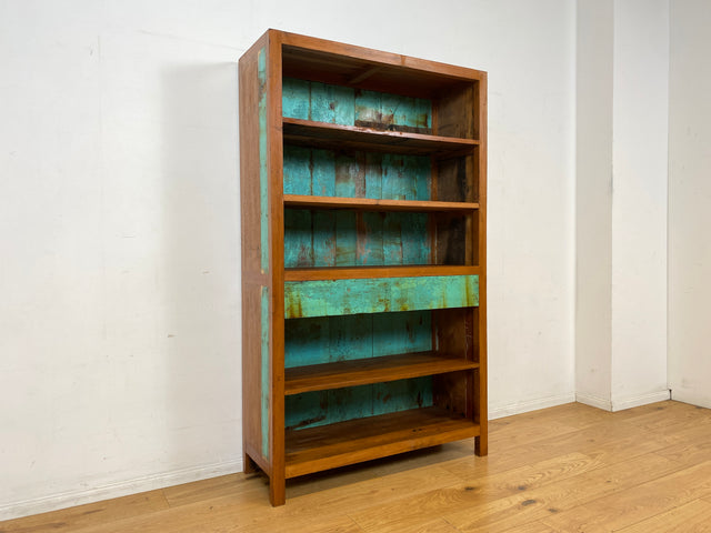 Wunderschöner Bücherschrank handgefertigt aus altem Bootsholz in grüner Originalfarbe mit Schubladen I Teakholz Massiv I Regal Bücherregal Holzregal Küchenregal I