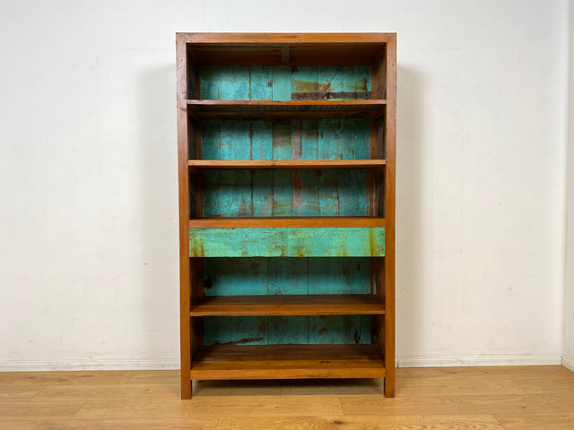 Wunderschöner Bücherschrank handgefertigt aus altem Bootsholz in grüner Originalfarbe mit Schubladen I Teakholz Massiv I Regal Bücherregal Holzregal Küchenregal I