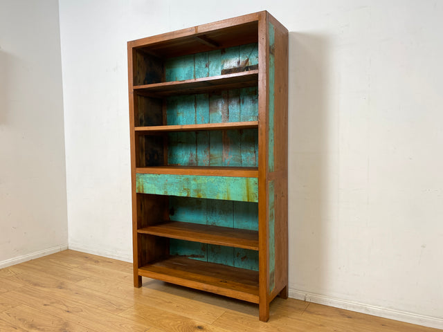 Wunderschöner Bücherschrank handgefertigt aus altem Bootsholz in grüner Originalfarbe mit Schubladen I Teakholz Massiv I Regal Bücherregal Holzregal Küchenregal I