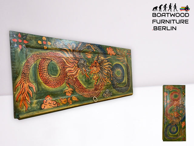 Einzigartiges Kunstwerk I Antike Holztür aus Bali I handbemalt mit asiatischen Drachen I Wandbild Gemälde Kunst Art Bild Kunsthandwerk Alte Wanddekoration Deko I