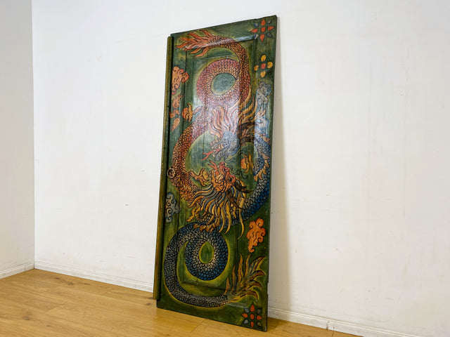 Einzigartiges Kunstwerk I Antike Holztür aus Bali I handbemalt mit asiatischen Drachen I Wandbild Gemälde Kunst Art Bild Kunsthandwerk Alte Wanddekoration Deko I